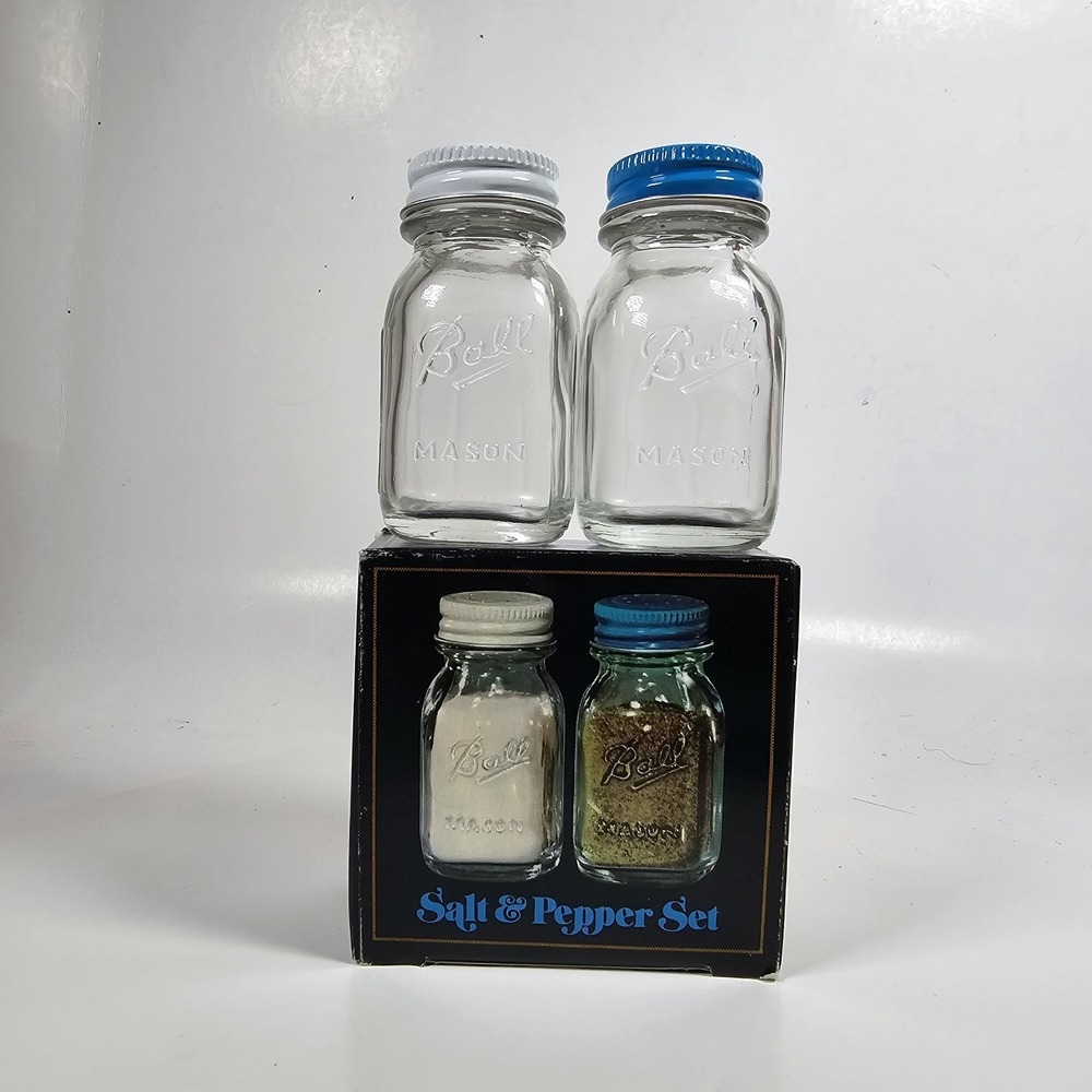 Vintage Miniature "Ball Mason Jar" Clear Glass Salt Pepper Shakers 1978 with Box